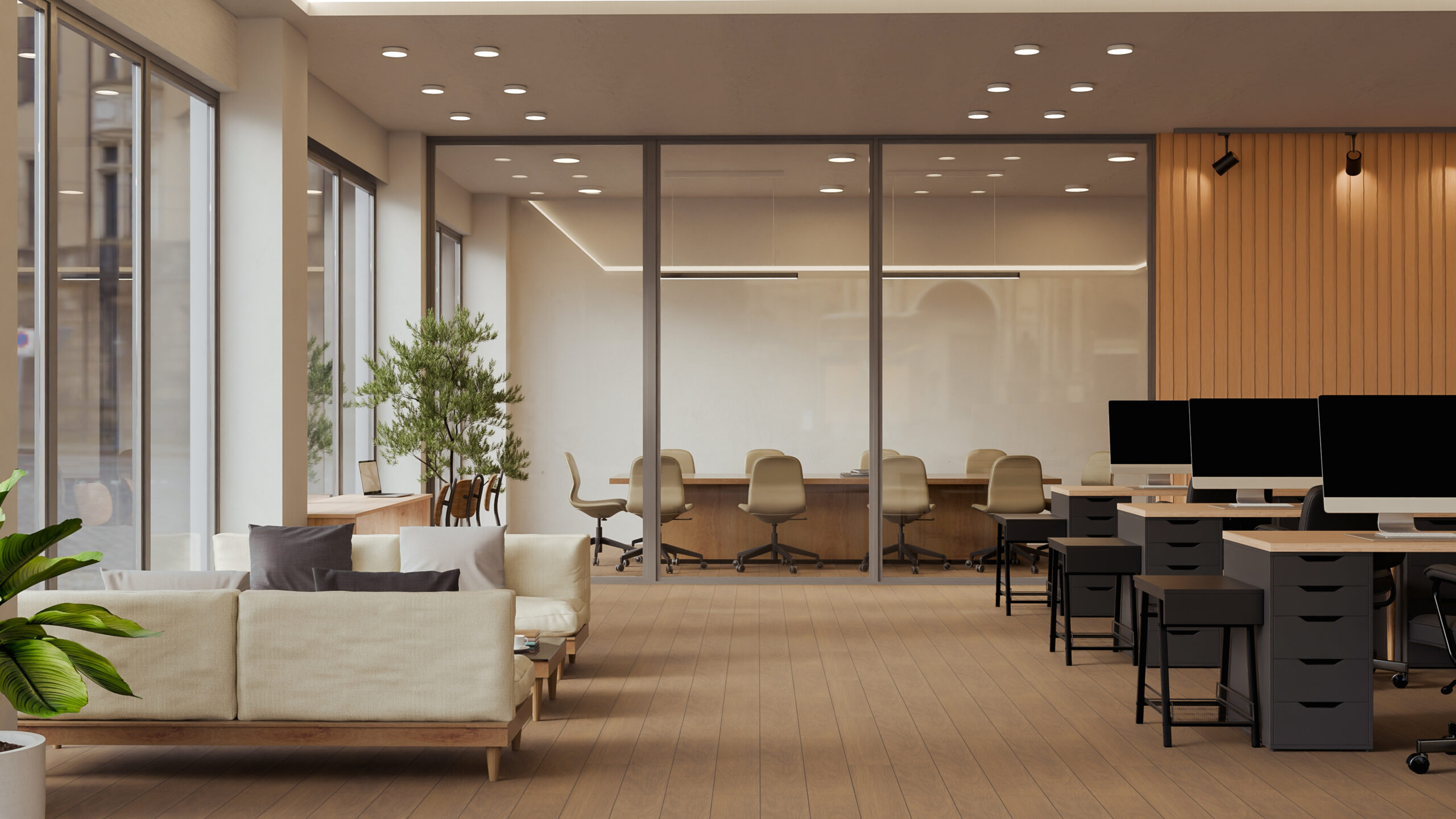 Aménagement de bureaux modernes avec postes de travail